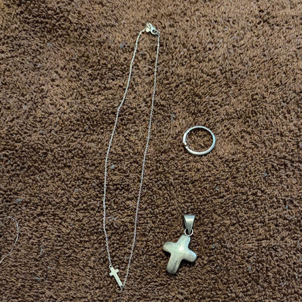 Silver Cross Necklace and Ring Set